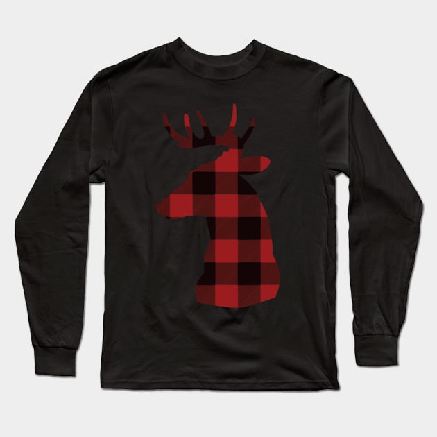 Red Plaid Deer Head Long Sleeve T-Shirt by StacysCellar